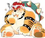  2020 anthro belly blush bowser felid feline hyaku_(artist) kemono koopa mammal mario_bros meowser nintendo overweight scalie simple_background sitting solo tongue tongue_out video_games white_background 