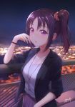  1girl bangs black_jacket blurry blurry_background brown_hair city_lights collarbone commentary_request hair_ornament hair_scrunchie hand_on_own_face highres jacket jewelry kazuno_sarah love_live! love_live!_sunshine!! necklace night parted_bangs parted_lips purple_eyes purple_skirt railing scrunchie shamakho shirt side_ponytail signature skirt solo standing watch white_shirt wristwatch 