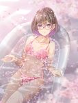  1girl bare_shoulders bath bathing bathtub bra braid breasts brown_hair collarbone flower glasses groin looking_at_viewer medium_breasts nabeshima_tetsuhiro navel original panties parted_lips petals petals_on_liquid pink-framed_eyewear pink_bra pink_flower pink_panties purple_eyes short_hair solo stomach thighs underwear underwear_only water 