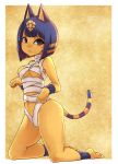  1girl :&lt; animal_ears bandages bangs bare_shoulders black_eyes blue_hair blunt_bangs blush bob_cut breasts brown_background cat_ears cat_tail cleavage commentary_request covered_nipples doubutsu_no_mori egyptian egyptian_clothes furry hair_ornament kneeling looking_at_viewer medium_breasts navel nile_(doubutsu_no_mori) short_hair solo tail white_background yellow_skin yume_(i_think.) 