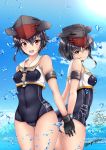 2girls :d ass ass_visible_through_thighs asymmetrical_hair black_hair blush breasts brown_eyes commentary_request covered_navel day framed_breasts gloves hair_between_eyes hat headphones highres i-13_(kantai_collection) i-14_(kantai_collection) interlocked_fingers kantai_collection kuga_zankurou looking_at_viewer multiple_girls open_mouth outdoors partly_fingerless_gloves sailor_collar school_swimsuit short_hair small_breasts smile swimsuit water 