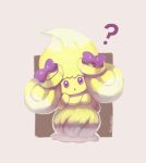  ? alcremie alcremie_(lemon_cream) alcremie_(ribbon_sweet) bigglyboof commentary creature english_commentary full_body gen_8_pokemon highres looking_at_viewer no_humans pokemon pokemon_(creature) purple_eyes signature simple_background solo standing 