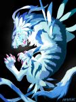  2014 ambiguous_gender attack black_background blue_body blue_fur blue_markings claws digimon digimon_(species) feral fur garurumon mamath markings purple_claws sharp_teeth simple_background solo teeth tongue yellow_eyes 