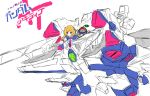  1girl aki_rosenthal bangs blonde_hair blue_eyes blush commentary_request flying_sweatdrops gloves gundam gundam_narrative highres hololive kanhiro_89 mecha necktie parody partially_colored rosen-tai simple_background sketch solo white_background 