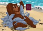  2016 anthro beach belly brown_body brown_fur convenient_censorship fish fur humanoid_hands japanese_text kemono male mammal marine outside overweight overweight_male raichoclub seaside sitting solo text ursid water wet 