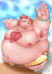  2020 anthro belly burenai chernobog clothing footwear hi_res humanoid_hands kemono male moobs nipples obese one_eye_closed outside overweight overweight_male sandals solo swimwear tokyo_afterschool_summoners video_games wink 