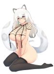  1girl absurdres animal_ears arknights artist_name between_legs black_legwear blush breast_squeeze breasts chinese_commentary cleavage closed_mouth dutou eyebrows_visible_through_hair fishnets full_body genderswap genderswap_(mtf) grey_hair hair_between_eyes hand_between_legs highres jewelry large_breasts large_tail leopard_ears leopard_tail light_smile long_hair looking_at_viewer multicolored_hair navel nipples no_panties revealing_clothes sagging_breasts silver_eyes silver_hair silverash_(arknights) simple_background single_earring sitting skindentation smile solo streaked_hair tail thighhighs thighs twitter_username two-tone_hair wariza white_background 