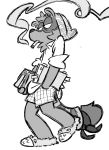  anthro book cigarette clothed clothing holding_object male mammal miikesobi monochrome procyonid raccoon simple_background smoke smoking solo 