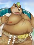  2018 anthro ashigara belly bodily_fluids brown_body brown_fur burenai fur hi_res humanoid_hands kemono male mammal moobs nipples obese overweight overweight_male solo sumo sweat tokyo_afterschool_summoners ursid video_games 