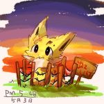  1:1 band-aid bandage barbed_wire barbed_wire_fence brown_eyes dated ears_pricked eeveelution endearing grass japanese_text jolteon nintendo orange_sky plaster pok&eacute;mon pok&eacute;mon_(species) reruponzu scuff signpost sitting sunset text time trapped video_games wooden_sign worn_out 