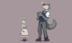  5_fingers anthro beastars biped canid canine canis clothed clothing duo female fingers fur grey_body grey_fur grey_tail haru_(beastars) hi_res lagomorph legoshi_(beastars) leporid looking_at_another looking_away male mammal multicolored_body multicolored_fur rabbit rygel_spkb shadow simple_background size_difference two_tone_body two_tone_fur white_body white_fur white_tail wolf 