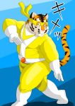 2016 anthro bulge clothed clothing felid gloves handwear humanoid_hands japanese_text kemono male mammal pantherine pink_nose raichoclub slightly_chubby solo text tiger 