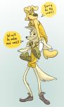  absurd_res anthro bodily_fluids canid canine canis carrying clothed clothing domestic_dog duo english_text fox fur hi_res male mammal miikesobi piggyback shaking simple_background speech_bubble sweat text trembling yellow_body yellow_fur yellow_tail 
