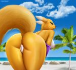  2020 anthro beach black_nose breasts butt butt_focus cloud day detailed_background digimon digimon_(species) female fur genitals hi_res nipples paintchaser palm_tree pussy renamon sand sea seaside smile solo tree water yellow_body yellow_fur 
