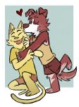  &lt;3 4_fingers anthro biped canid canine canis clothed clothing crouching domestic_cat domestic_dog duo eyes_closed felid feline felis fingers happy hi_res holding_partner kissing laugh male male/male mammal miikesobi open_mouth paws simple_background standing teeth 