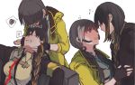  2girls absurdres armband black_gloves black_hair black_jacket blonde_hair blush closed_eyes commission english_commentary eye_contact eyepatch fingerless_gloves girls_frontline gloves heterochromia highres hinagi_(fox_priest) jacket long_braid long_hair looking_at_another m16a1_(girls_frontline) mole mole_under_eye multicolored_hair multiple_girls open_mouth red_eyes ro635_(girls_frontline) simple_background spoken_squiggle squiggle streaked_hair teeth two-tone_hair white_background white_hair yellow_eyes yellow_jacket 