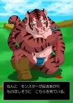  2015 anthro blood bodily_fluids bulge clothing felid humanoid_hands japanese_text kemono male mammal outside overweight overweight_male pantherine raichoclub solo text tiger underwear 