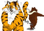  2016 ? anthro assisted_exposure balls barely_visible_balls barely_visible_genitalia belly bodily_fluids brown_body brown_fur butt duo felid fur genitals humanoid_hands kemono male mammal overweight overweight_male pantherine pink_nose raichoclub simple_background sweat tiger ursid white_background white_body white_fur 