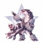  claws closed_eyes commentary english_commentary fangs galarian_form galarian_linoone galarian_zigzagoon gen_8_pokemon highres obstagoon pokemon purple_eyes riding riding_pokemon salanchu sharp_teeth signature simple_background standing star striped teeth tongue tongue_out white_background 