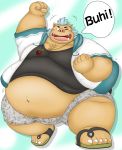  2020 anthro belly blush bottomwear brown_body brown_fur burenai clothing footwear fur gouryou hi_res hoodie humanoid_hands kemono male mammal obese one_eye_closed overweight overweight_male sandals shirt shorts solo suid suina sus_(pig) text tokyo_afterschool_summoners topwear video_games wild_boar wink 