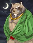  2017 anthro belly brown_body brown_fur bulge canid canine clothing fur hi_res kemono male mammal moobs moon navel night outside overweight overweight_male raccoon_dog raichoclub robe solo tanuki underwear 