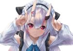 1girl :&lt; bangs blue_neckwear closed_mouth collared_shirt eyebrows_visible_through_hair finger_horns hair_between_eyes hair_ribbon highres hololive horns horns_pose konkito long_hair looking_at_viewer maid_headdress multicolored_hair nakiri_ayame oni oni_horns red_eyes red_hair ribbon shirt silver_hair simple_background solo streaked_hair two-tone_hair upper_body v-shaped_eyebrows virtual_youtuber white_background white_shirt wing_collar 