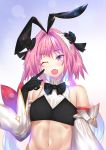  1boy astolfo_(fate) astolfo_(saber)_(fate) bangs black_bow black_gloves black_neckwear black_ribbon blush bow bowtie crop_top detached_sleeves elbow_gloves fang fate/grand_order fate_(series) gloves hair_intakes long_hair low_twintails majin_(kiidoumajin) multicolored_hair navel one_eye_closed open_mouth otoko_no_ko pink_hair purple_eyes ribbon skin_fang smile solo streaked_hair twintails white_hair wide_sleeves wing_collar 