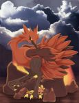  bird bird_focus black_cloud black_eyes claws cloud cloudy_sky commentary english_commentary galarian_form galarian_zapdos gen_2_pokemon gen_3_pokemon gen_8_pokemon highres legendary_pokemon looking_at_viewer natu outdoors pokemon rock sky standing standing_on_one_leg takoto_(luke_burns) torchic watermark web_address 