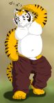  2015 anthro belly bottomwear bulge clothing felid fur genitals hi_res humanoid_hands japanese_text kemono male mammal moobs navel overweight overweight_male pantherine pants penis raichoclub simple_background solo text tiger undressing white_body white_fur 