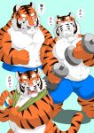  2016 anthro belly bodily_fluids bottomwear clothing exercise felid fur humanoid_hands japanese_text kemono male mammal pantherine pink_nose raichoclub shorts simple_background solo sweat text tiger towel white_body white_fur workout 