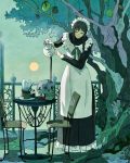  1girl apron braid brown_hair chainsaw_man chair closed_eyes closed_mouth coffee dress facing_viewer flat_color full_body highres image_sample ironwork long_dress long_hair long_sleeves maid maid_apron maid_dress maid_headdress makima_(chainsaw_man) medium_hair moon moonlight outdoors pouring railing ribbon sensui_n side_braid single_braid skull smile solo spilling standing table teapot tree tree_shade twitter_sample 