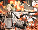  1girl arknights bangs black_choker blonde_hair breasts canister chinese_commentary choker closed_mouth coat cowboy_shot demon demon_horns doc.chen english_text eyebrows_visible_through_hair fire flamethrower gas_tank high-waist_skirt horns ifrit_(arknights) jewelry lips looking_to_the_side medium_hair necklace orange_eyes ore_lesion_(arknights) outstretched_arm parted_bangs rhine_lab_logo skirt small_breasts smile solo spirit striped thighs twintails vertical_stripes weapon white_coat white_skirt 