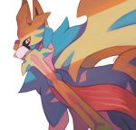  commentary creature dog dog_focus english_commentary gen_8_pokemon legendary_pokemon mouth_hold no_humans pokemon pokemon_(creature) salanchu simple_background solo sword upper_body weapon white_background yellow_eyes zacian zacian_(crowned) 