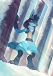  closed_mouth commentary commission creature dutch_angle english_commentary full_body gen_4_pokemon lucario no_humans pokemon pokemon_(creature) purple_eyes salanchu serious snow solo standing winter 