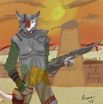  2020 4_toes absurd_res anthro armor clothed clothing digital_media_(artwork) dorsai draim fur gun headgear helmet hi_res holding_object holding_weapon male ranged_weapon science_fiction sergal simple_background solo sunset toes tower_turrent warrior weapon 