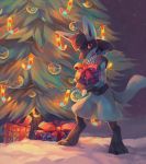  box christmas christmas_ornaments christmas_tree commentary commission creature english_commentary full_body gen_4_pokemon gift holding holding_box holding_gift looking_at_viewer lucario no_humans pokemon pokemon_(creature) salanchu solo standing 