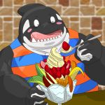  1:1 2017 anthro black_body blush cetacean clothing delphinoid dessert food humanoid_hands ice_cream kemono male mammal marine oceanic_dolphin orca overweight overweight_male raichoclub shirt solo tongue tongue_out toothed_whale topwear white_body 