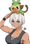  2019 absurd_res airisubaka ambiguous_gender blue_eyes breasts carrying cleavage clothed clothing duo female fur green_body green_fur grookey hair hi_res human mammal nintendo on_head pok&eacute;mon pok&eacute;mon_(species) simple_background size_difference tan_body tan_skin video_games white_background white_hair 