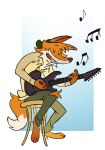  absurd_res anthro biped canid canine clothed clothing eyes_closed fingers fox fur hi_res male mammal miikesobi multicolored_body multicolored_fur musical_instrument musical_note open_mouth orange_body orange_fur orange_tail paws simple_background sitting solo teeth tongue two_tone_body two_tone_fur white_body white_fur white_tail 