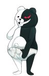  absurd_res balls_outline black_body black_fur black_nose bodily_fluids briefs bulge clothing cum cum_in_underwear danganronpa eroborus front_view fur genital_fluids genital_outline grin hi_res male mammal monokuma navel penis_outline simple_background smile solo standing teeth tighty_whities underwear ursid white_background white_body white_clothing white_fur white_underwear 