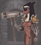  anthro armor black_nose breasts canid canine clothing female gauntlets genitals gloves handwear hi_res holding_object holding_weapon inside katlek mammal mostly_nude nipples pussy shoulder_guards solo weapon 