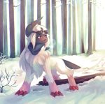  absol bare_tree claws commentary commission creature english_commentary forest full_body gen_3_pokemon nature no_humans outdoors pokemon pokemon_(creature) purple_eyes salanchu snow solo standing sunglasses tree winter 