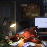  1:1 2020 anthro canid canine chair clothing computer cup desk detailed_background disney fox fur furniture hi_res inner_ear_fluff inside judy_hopps light male mammal nick_wilde orange_body orange_fur paper pen phone relaxable relaxablefur shirt signature sleeping solo topwear tuft zootopia 