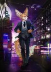  anthro bottomwear canid canine city city_background clothing detailed_background ear_piercing ear_tattoo fennec footwear formal_wear fox fur hi_res male mammal necktie night orange_eyes outside pants piercing raining saintcocoa shoes solo solo_focus suit tan_body tan_fur tattoo topwear vest walking 