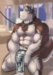  2017 abs accessory anthro biceps body_hair brown_body brown_fur brown_hair brown_tail canid canine canis chest_hair clothing collar detailed_background fur grey_body grey_fur grey_tail hair headband hi_res horkeukamui humanoid_hands kenzofong leash loincloth male mammal multicolored_body multicolored_fur muscular muscular_male muscular_thighs nipples pecs short_hair signature tokyo_afterschool_summoners triceps two_tone_body two_tone_fur two_tone_tail video_games wolf 