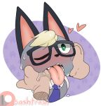  2020 animal_crossing anthro backsash blonde_hair blush bodily_fluids clothed clothing digital_media_(artwork) domestic_cat drooling eyewear felid feline felis fur glasses grey_body grey_fur hair hi_res looking_at_viewer male mammal mawplay nintendo open_mouth patreon raymond_(animal_crossing) saliva simple_background solo solo_focus teeth tongue tongue_out video_games 