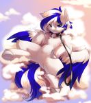  2020 ambiguous_gender bell bell_collar blue_eyes cloud collar digital_media_(artwork) equid equine fan_character featureless_crotch fur hi_res hooves leash looking_at_viewer lying mammal my_little_pony on_back on_cloud outside peachmayflower pegasus signature smile solo spread_legs spreading two_tone_tail underhoof white_body white_fur wings 