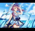  1girl arknights bag bare_legs blue_bow blue_dress blue_eyes blue_sky bow bracelet breasts character_name chinese_commentary cloud cloudy_sky copyright_name cowboy_shot day doc.chen dress droplet highres jewelry letterboxed long_hair medium_breasts ocean open_mouth outdoors purestream_(arknights) purple_hair shading_eyes short_dress shoulder_bag sky sleeveless smile solo thighs twintails water white_headwear wind 