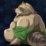  2017 anthro belly canid canine clothing humanoid_hands kemono male mammal moobs nipples overweight overweight_male raccoon_dog raichoclub robe sitting solo tanuki 