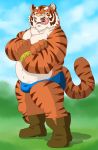  2014 anthro bulge clothing felid fur hi_res humanoid_hands kemono male mammal orange_body orange_fur overweight overweight_male pantherine raichoclub solo tiger tongue tongue_out underwear white_body white_fur 